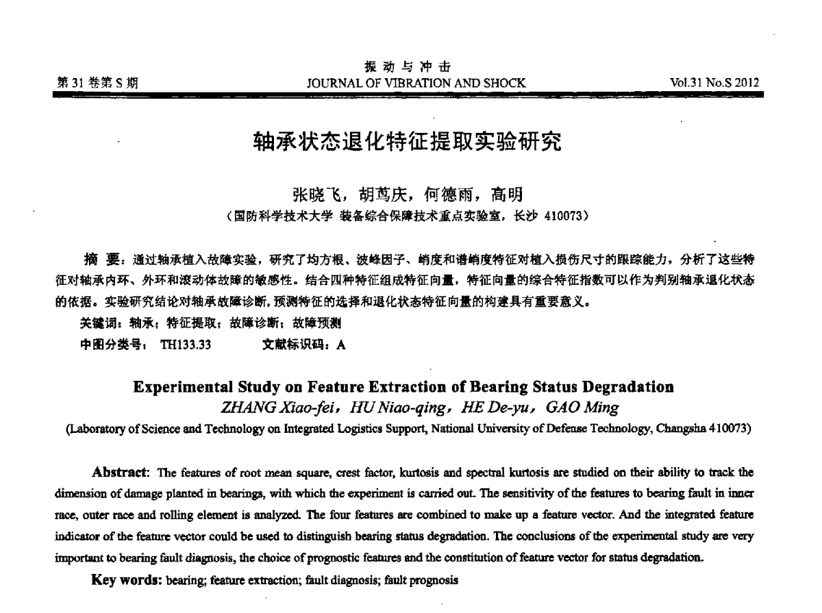 轴承状态退化特征提取实验研究 - 2012年全国振动工程及应用学术会议