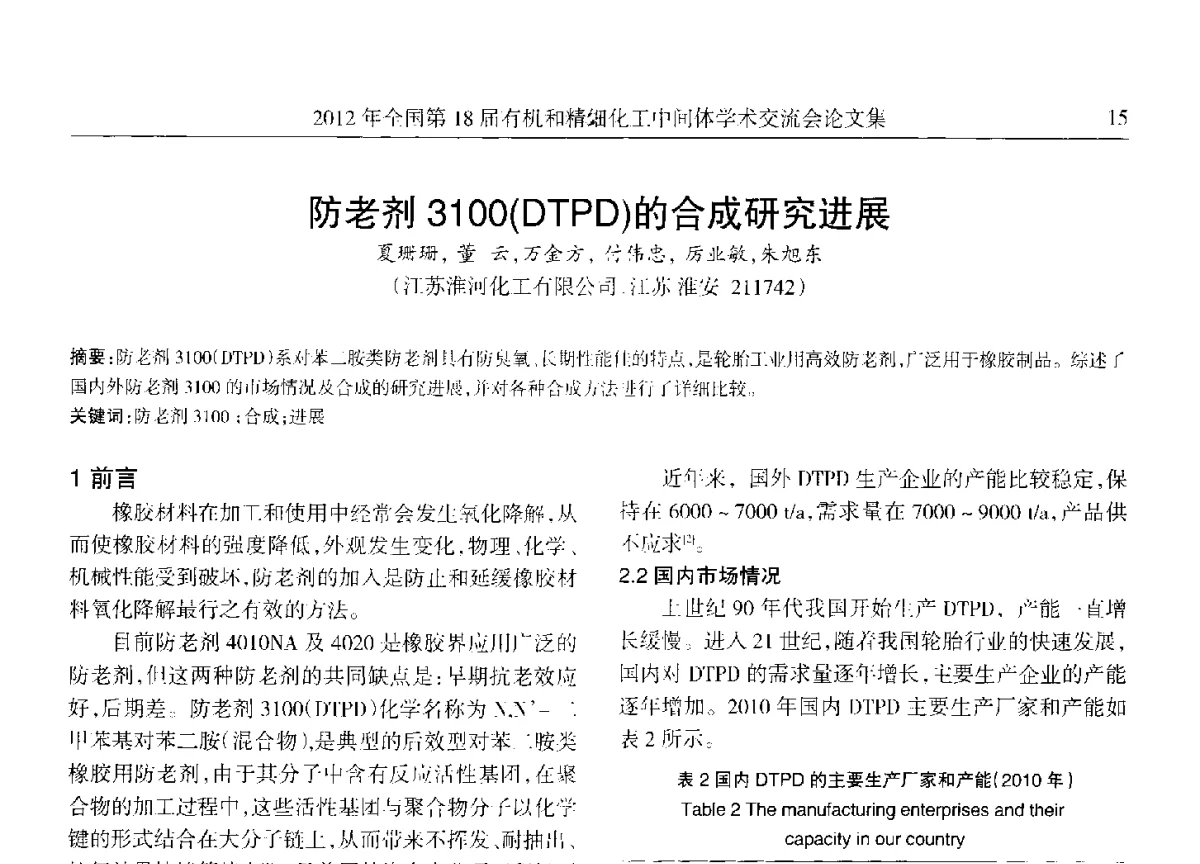 防老剂3100(DTPD)的合成研究进展 - 全国第18届有机和精细化工中间体学术交流会
