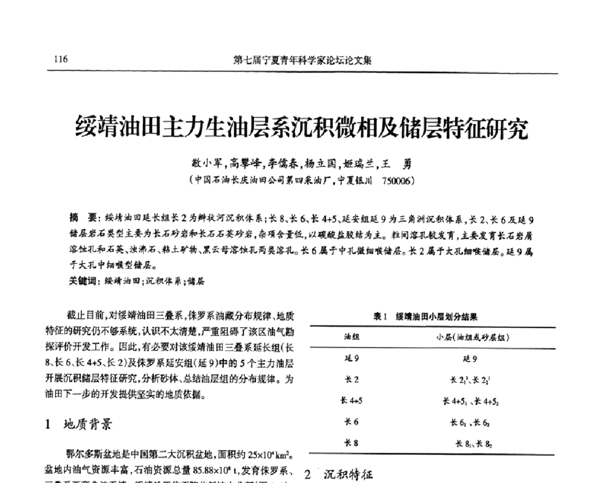 绥靖油田主力生油层系沉积微相及储层特征研究 - 第七届宁夏青年科学家论坛