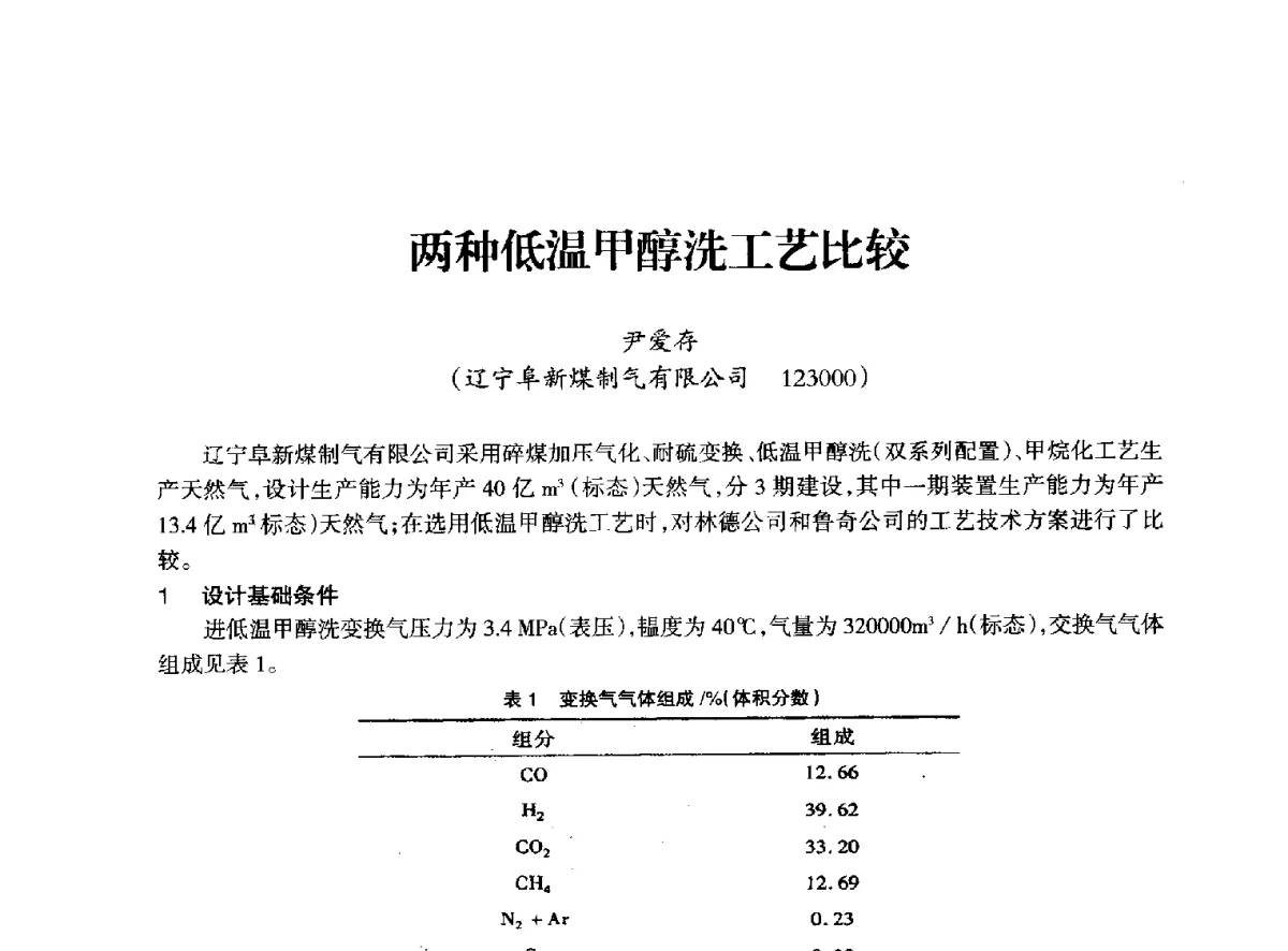 两种低温甲醇洗工艺比较 - 全国化工合成氨设计技术中心站2012年技术交流会
