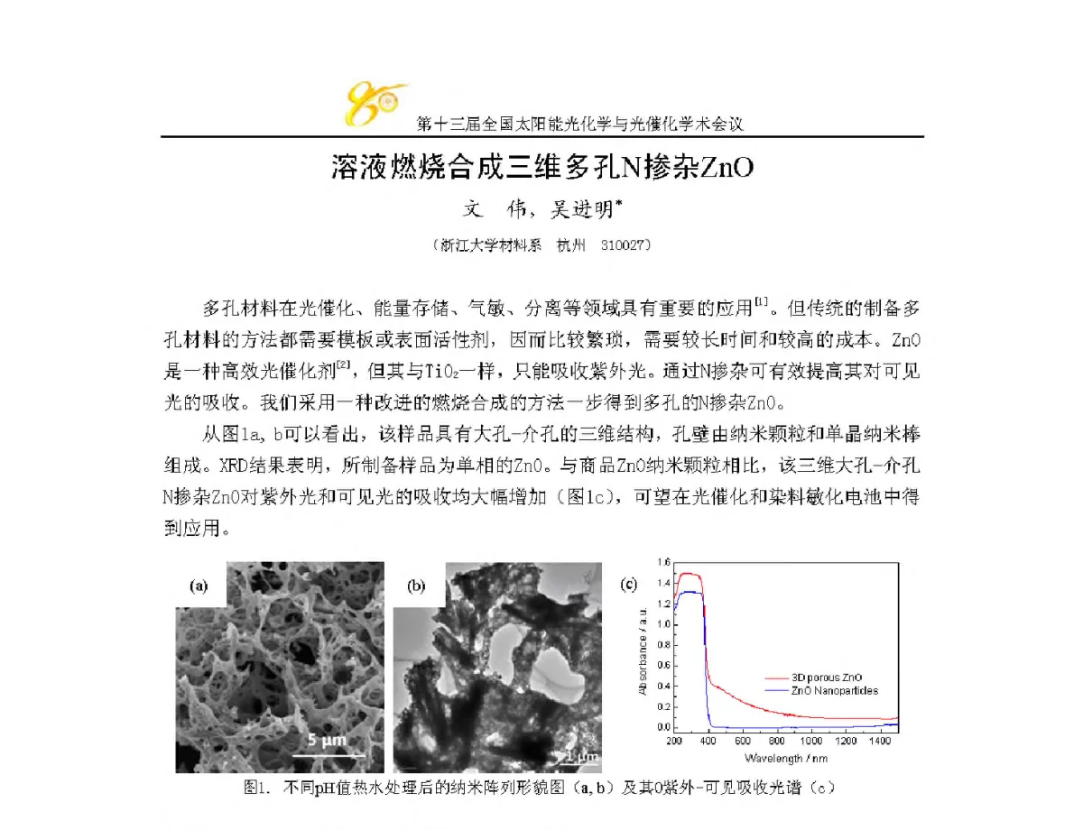 溶液燃烧合成三维多孔N掺杂ZnO - 第十三届全国太阳能光化学与光催化学术会议