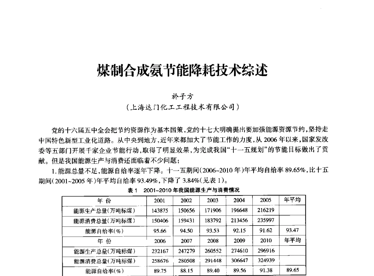 煤制合成氨节能降耗技术综述 - 全国化工合成氨设计技术中心站2012年技术交流会