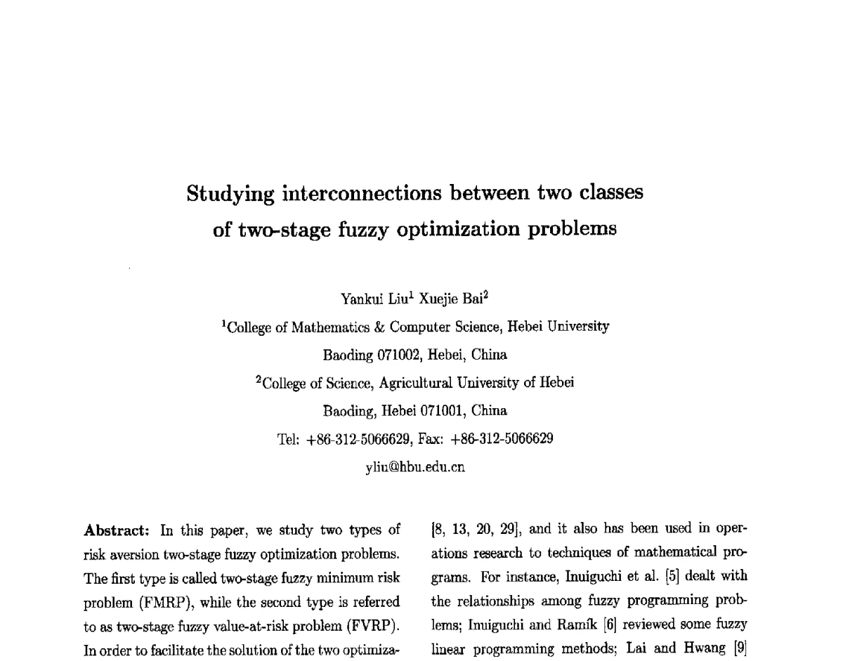 Studying interconnections between two classes of two-stage fuzzy optimization problems - 第六届中国智能计算大会