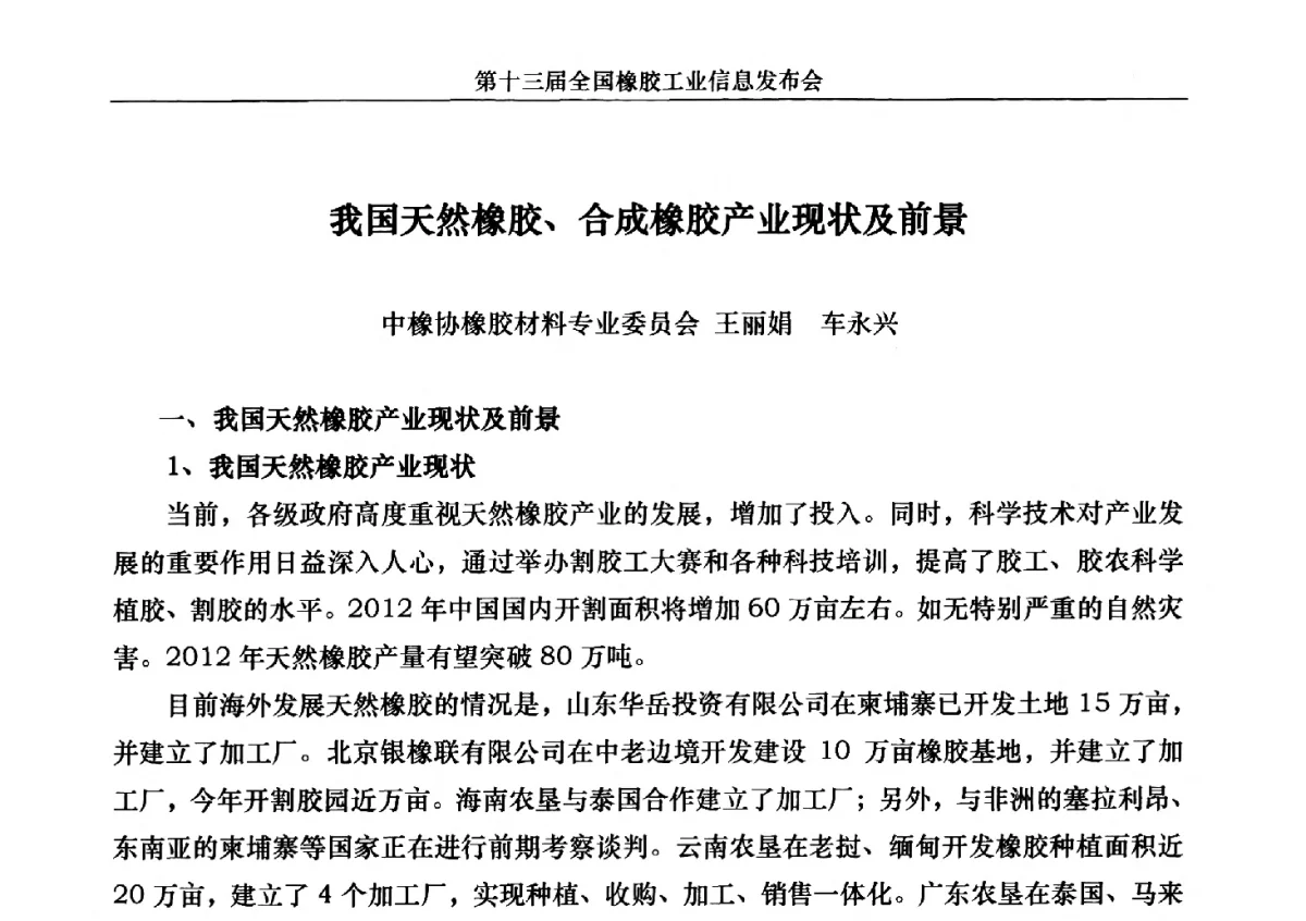 我国天然橡胶、合成橡胶产业现状及前景 - 第十三届全国橡胶工业信息发布会暨加快高新技术应用实现转型发展论坛