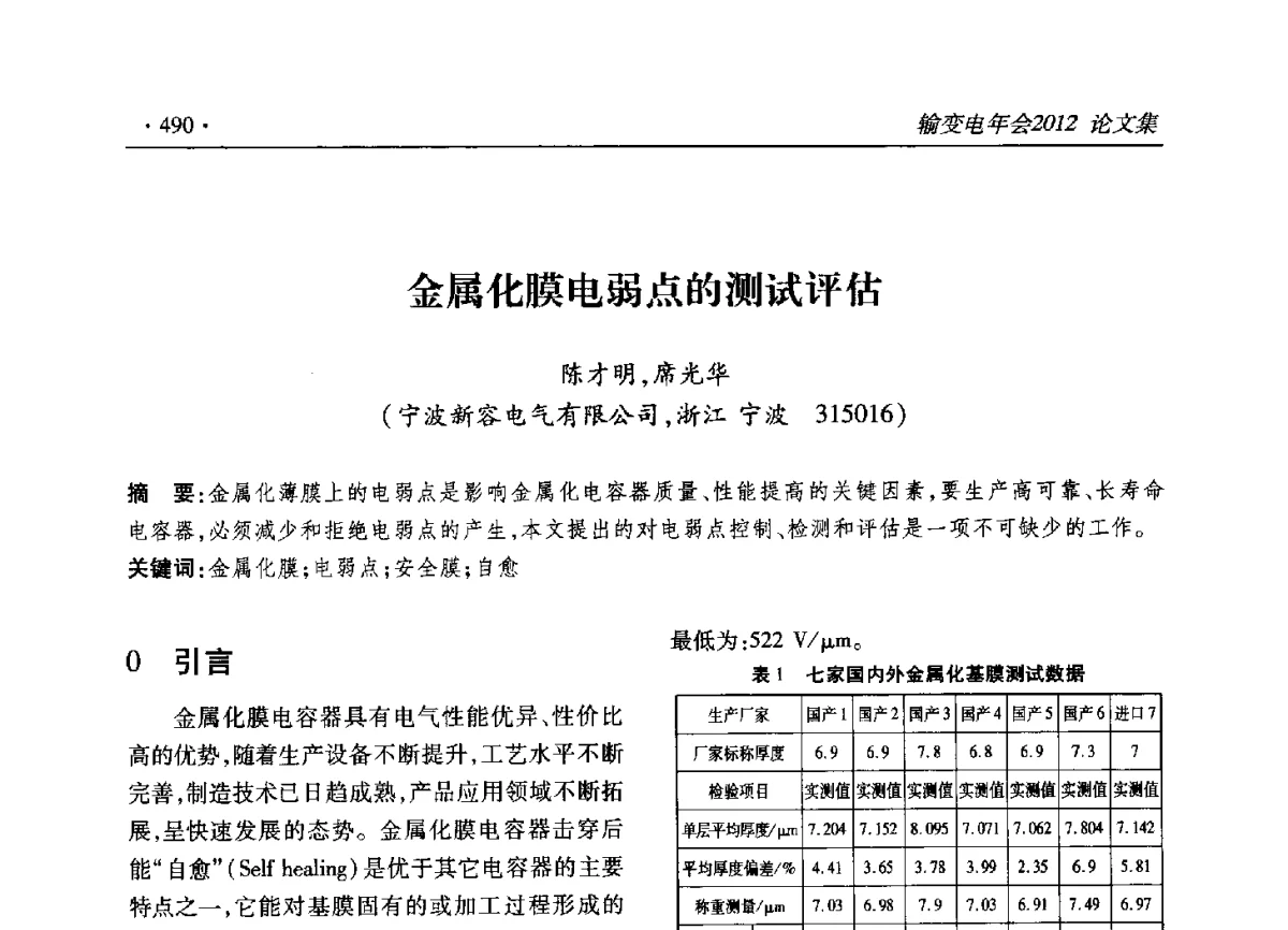 金属化膜电弱点的测试评估 - 2012输变电年会