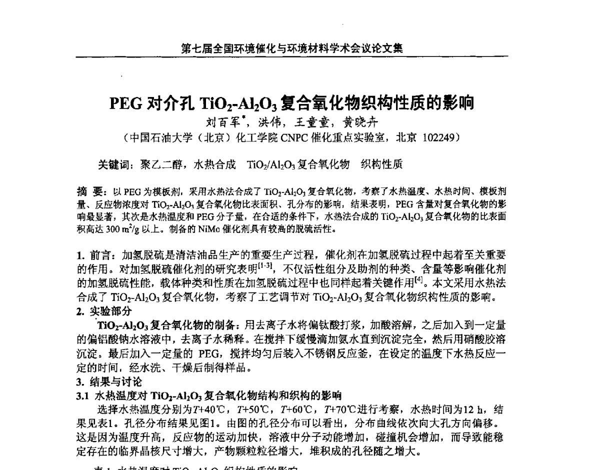 PEG对介孔TiO2-Al2O3复合氧化物织构性质的影响 - 第七届全国环境催化与环境材料学术会议