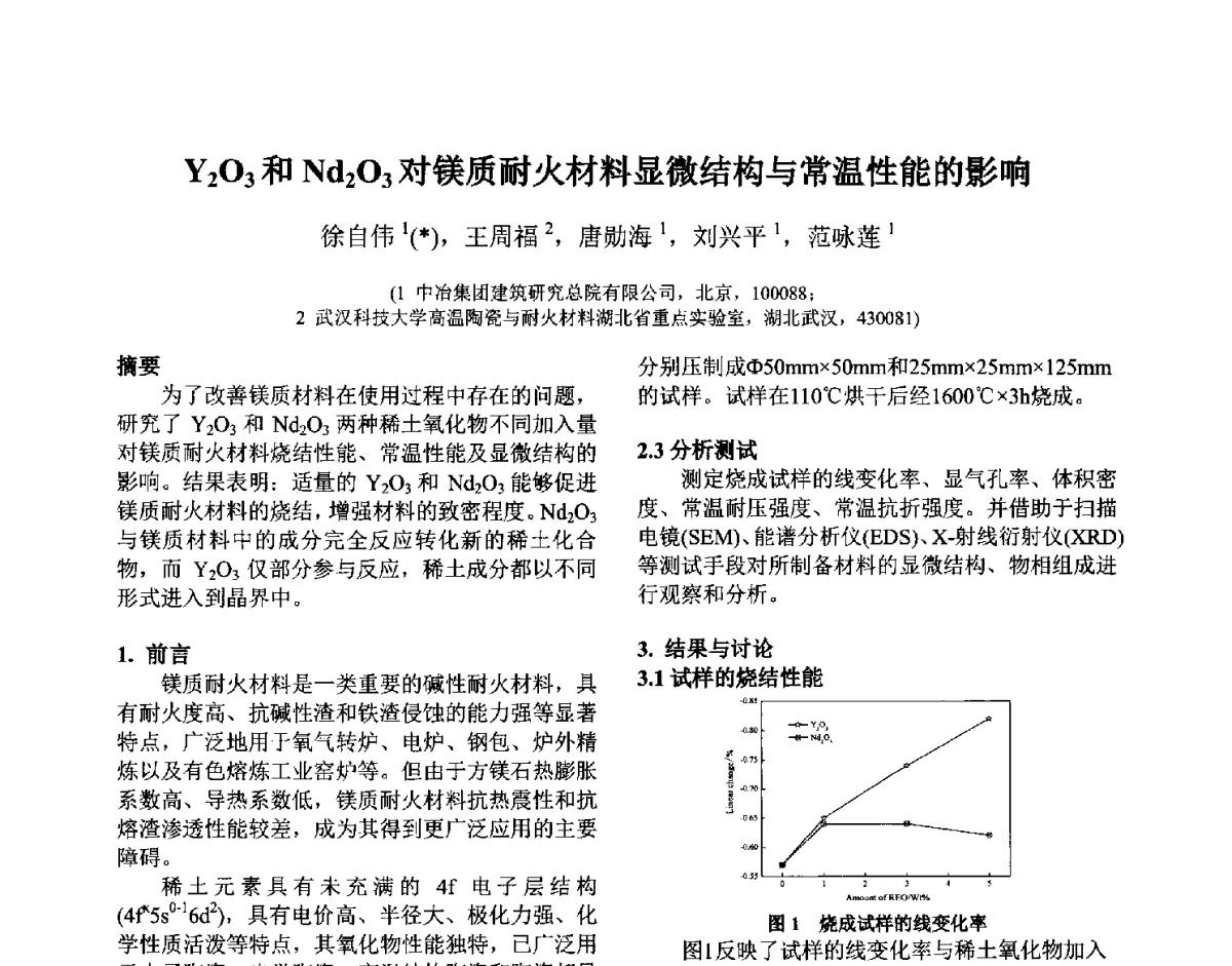 Y2O3和Nd2O3对镁质耐火材料显微结构与常温性能的影响 - 第六届国际耐火材料会议