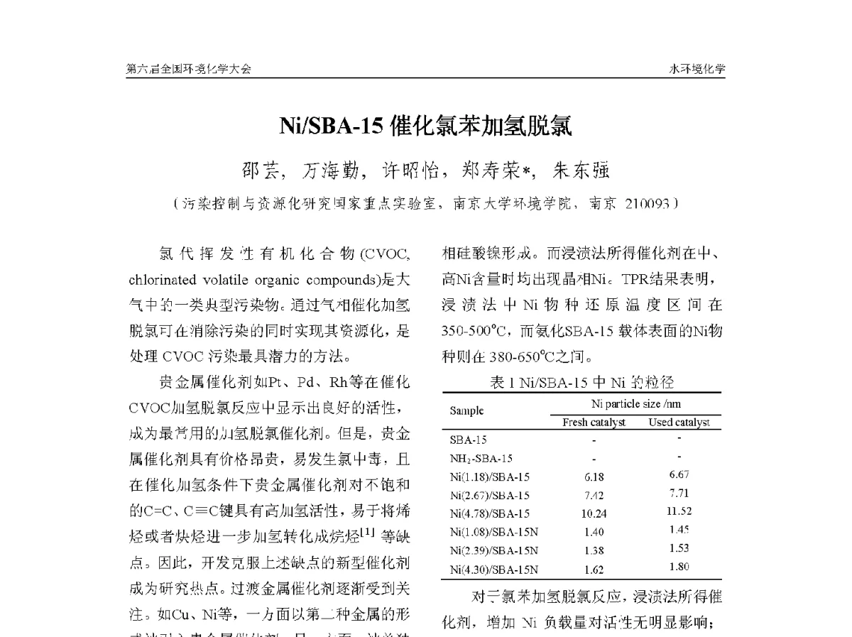 Ni_SBA-15催化氯苯加氢脱氯 - 第六届全国环境化学学术大会