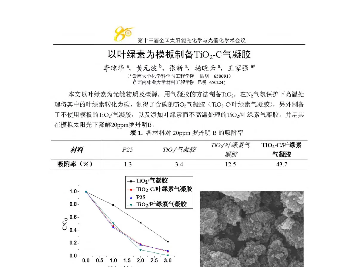 以叶绿素为模板制备TiO2-C气凝胶 - 第十三届全国太阳能光化学与光催化学术会议