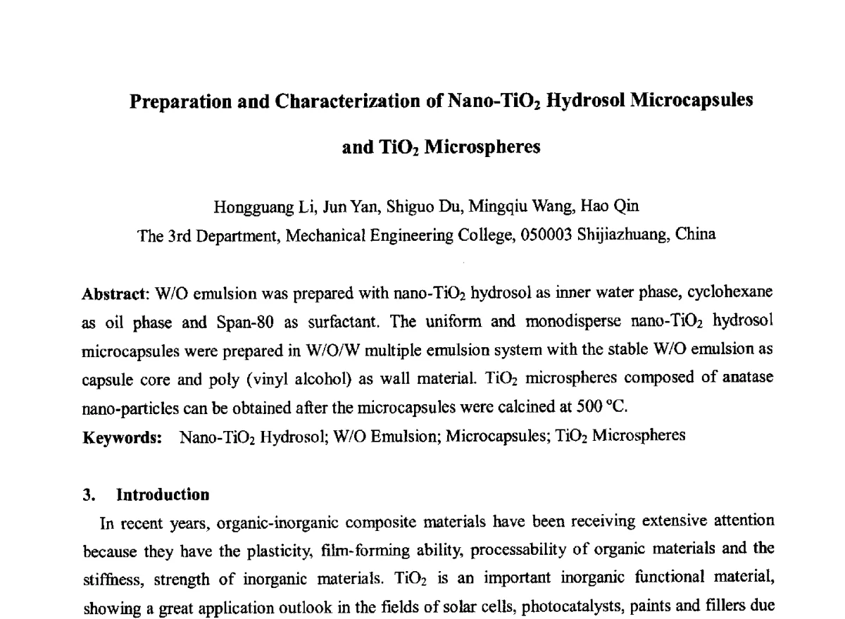 Preparation and Characterization of Nano-TiO2 Hydrosol Microcapsules and TiO2 Microspheres - 2012中国国际粉体技术与应用论坛暨全国粉体技术产品商贸交流会