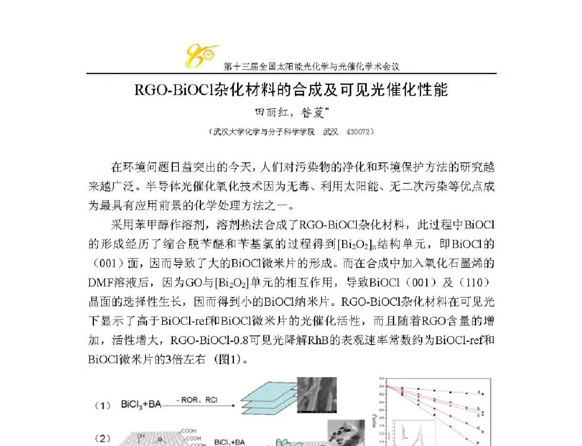 RGO-BiOCl杂化材料的合成及可见光催化性能 - 第十三届全国太阳能光化学与光催化学术会议