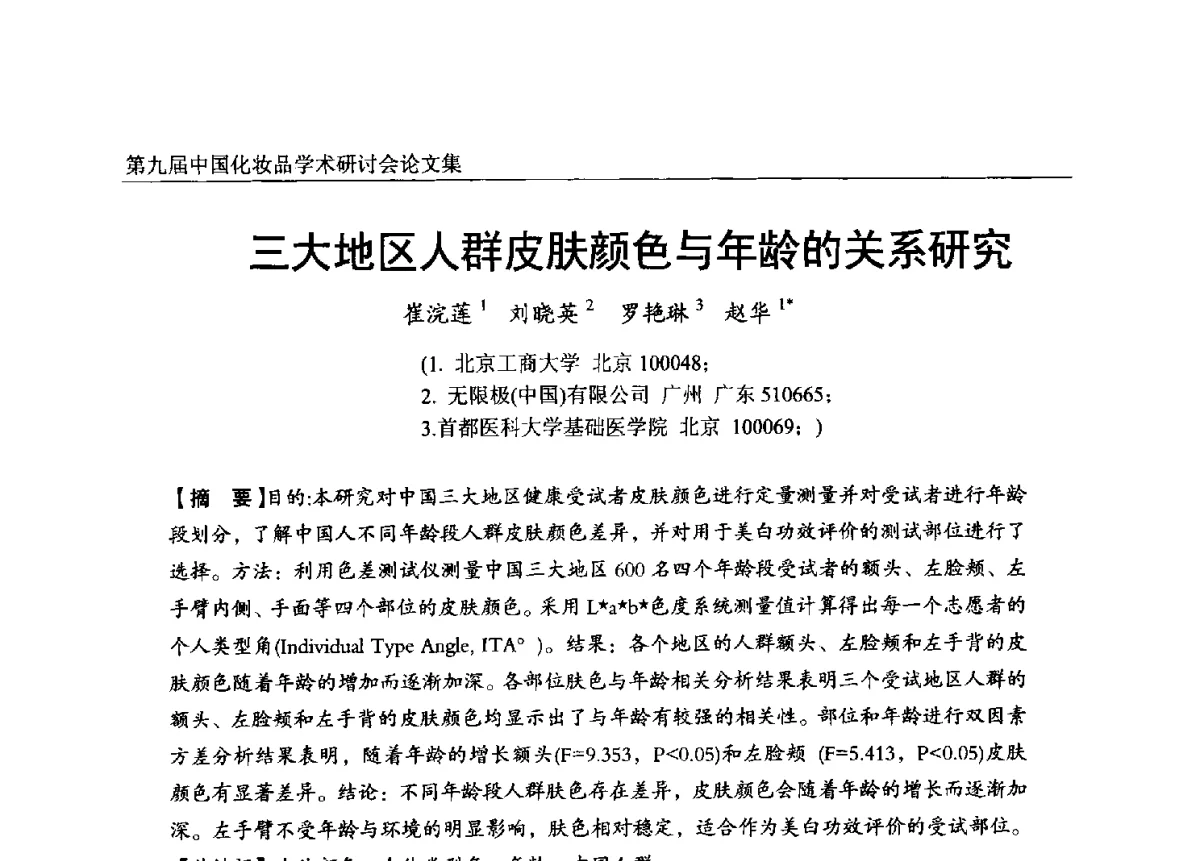 三大地区人群皮肤颜色与年龄的关系研究 - 第九届中国化妆品学术研讨会