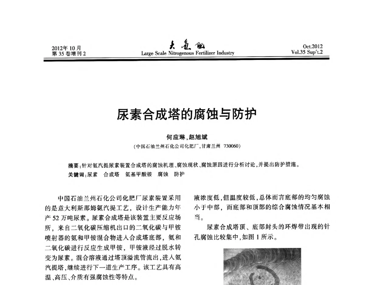 尿素合成塔的腐蚀与防护 - 第十七届全国大型尿素装置技术年会