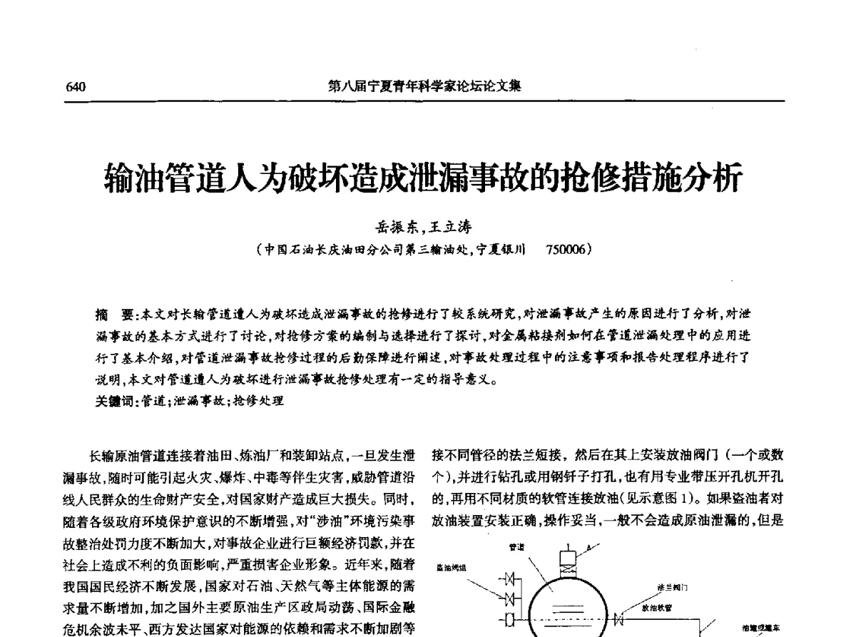 输油管道人为破坏造成泄漏事故的抢修措施分析 - 第八届宁夏青年科学家论坛石化专题论坛