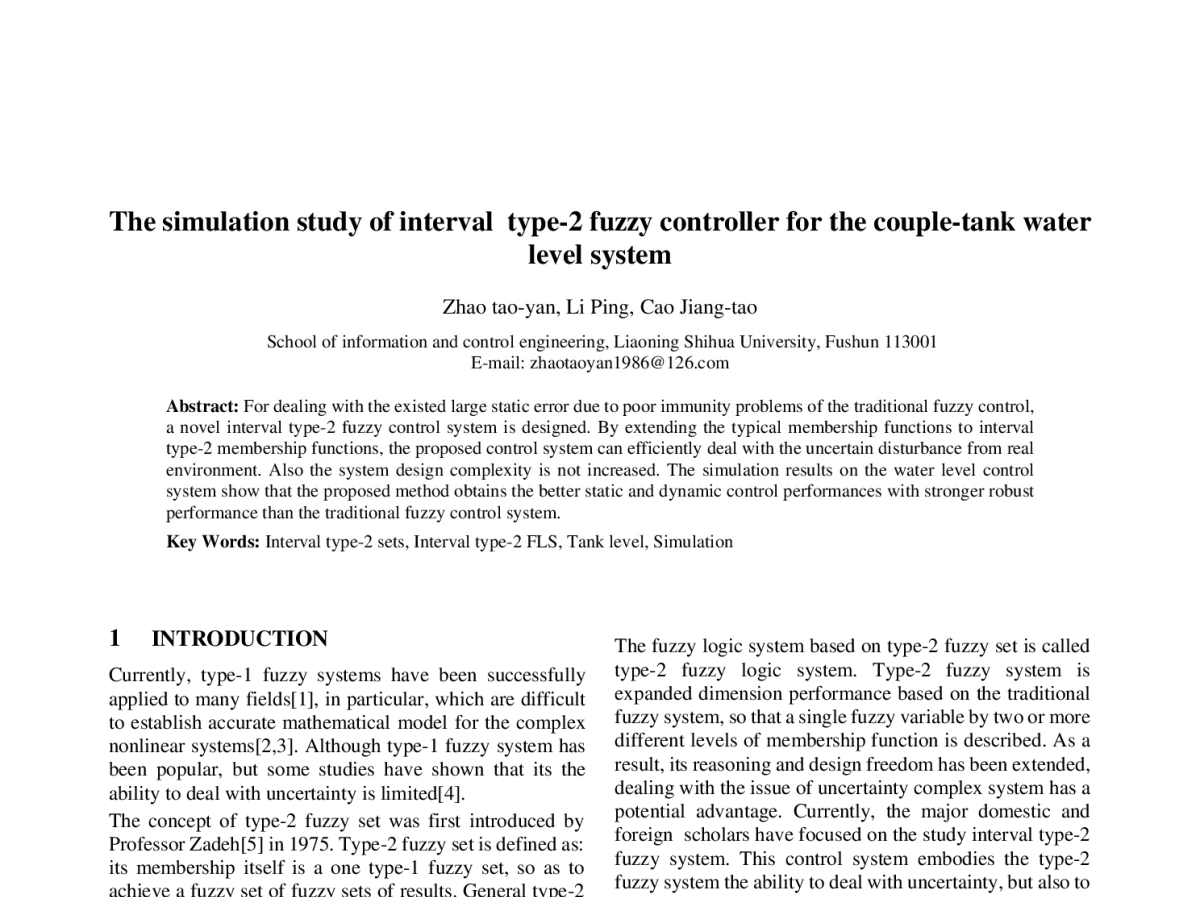 The simulation study of interval type-2 fuzzy controller for the couple-tank water level system - 第23届过程控制会议