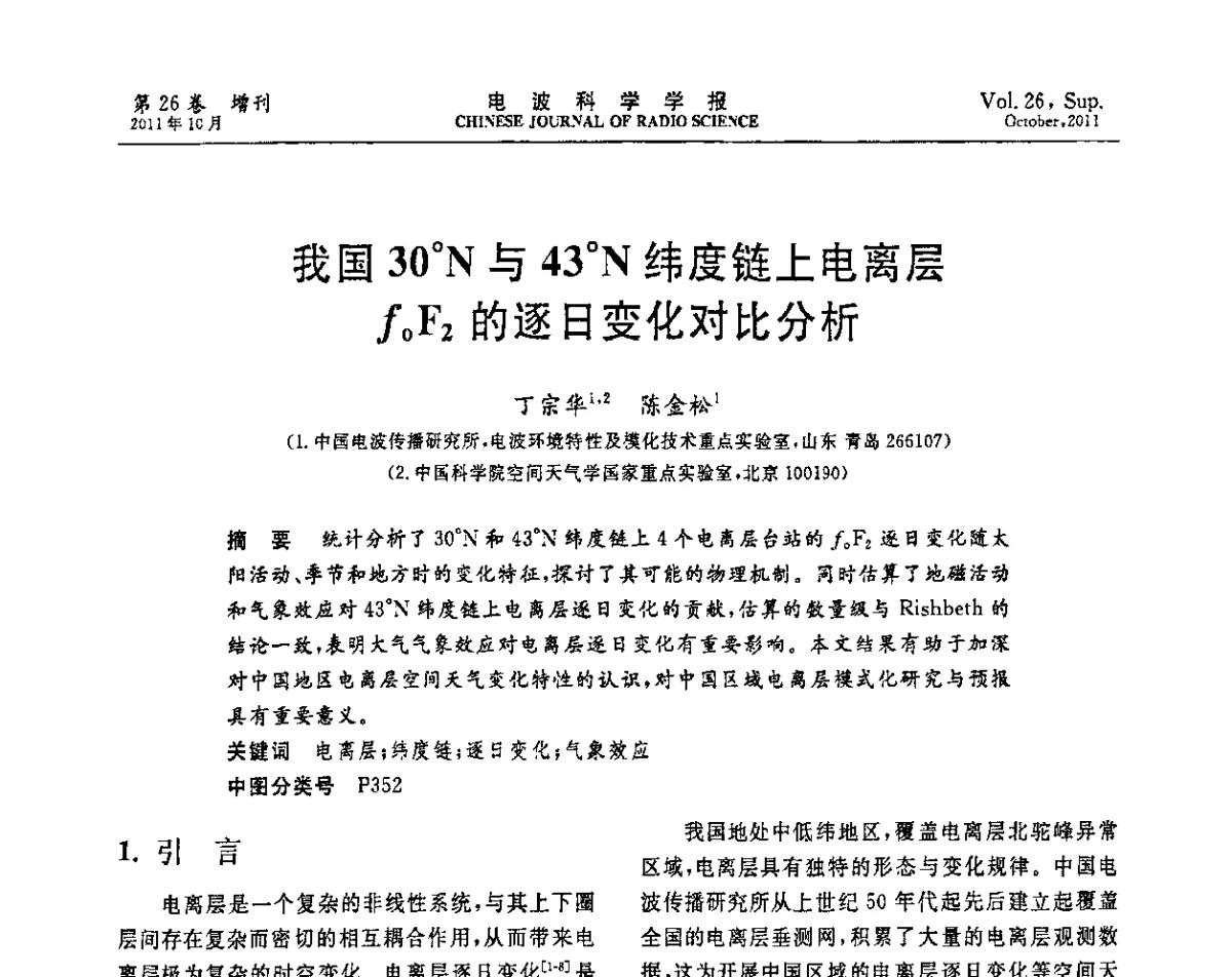 我国30N与43N纬度链上电离层foF2的逐日变化对比分析 - 第十一届全国电波传播学术讨论年会