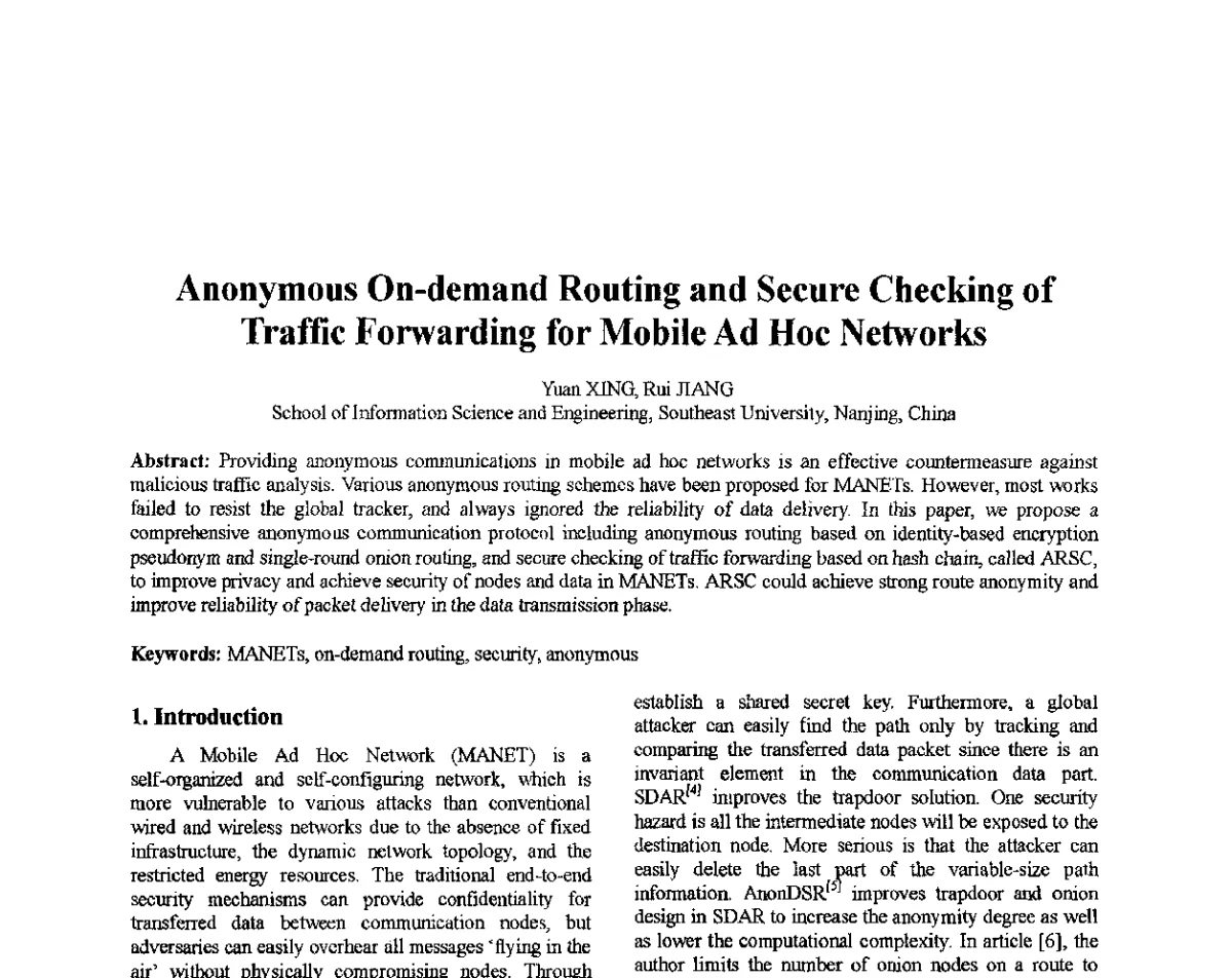 Anonymous On-demand Routing and Secure Checking of Traffic Forwarding for Mobile Ad Hoc Networks - 第十届全国信息隐藏暨多媒体信息安全学术大会CIHW2012