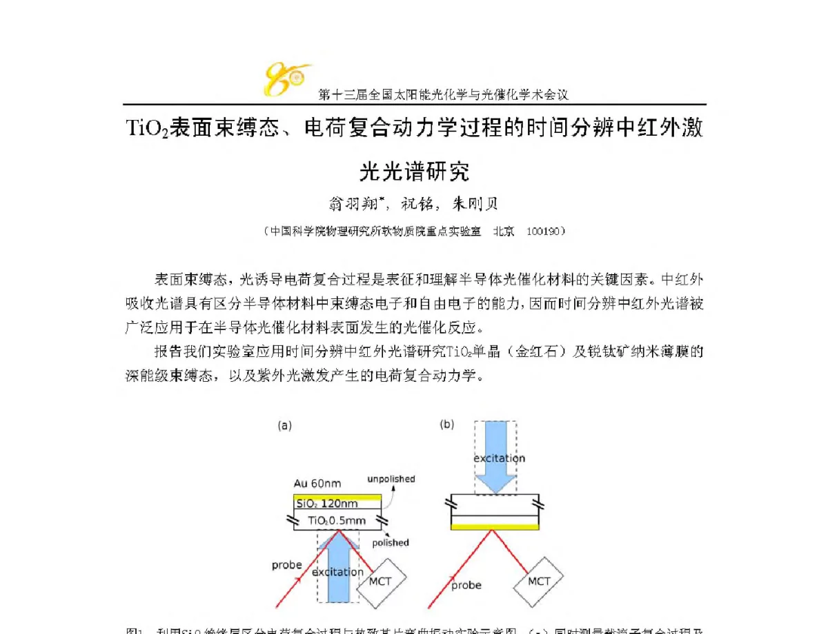 TiO2表面束缚态、电荷复合动力学过程的时间分辨中红外激光光谱研究 - 第十三届全国太阳能光化学与光催化学术会议