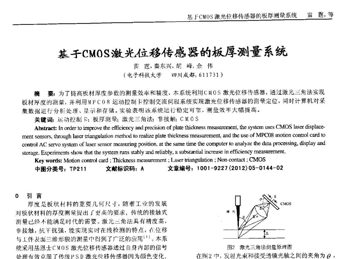 基于CMOS激光位移传感器的板厚测量系统 - 2012年西南三省一市自动化与仪器仪表学术年会