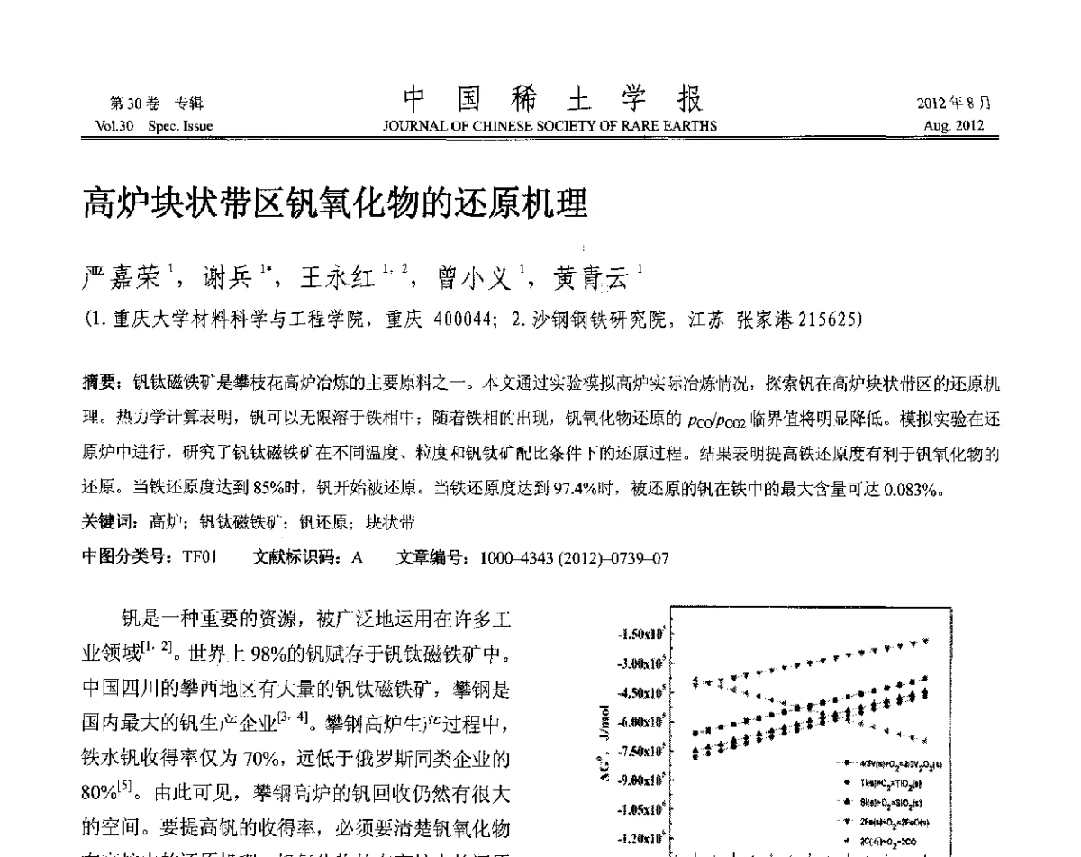 高炉块状带区钒氧化物的还原机理 - 2012年全国冶金物理化学学术会议
