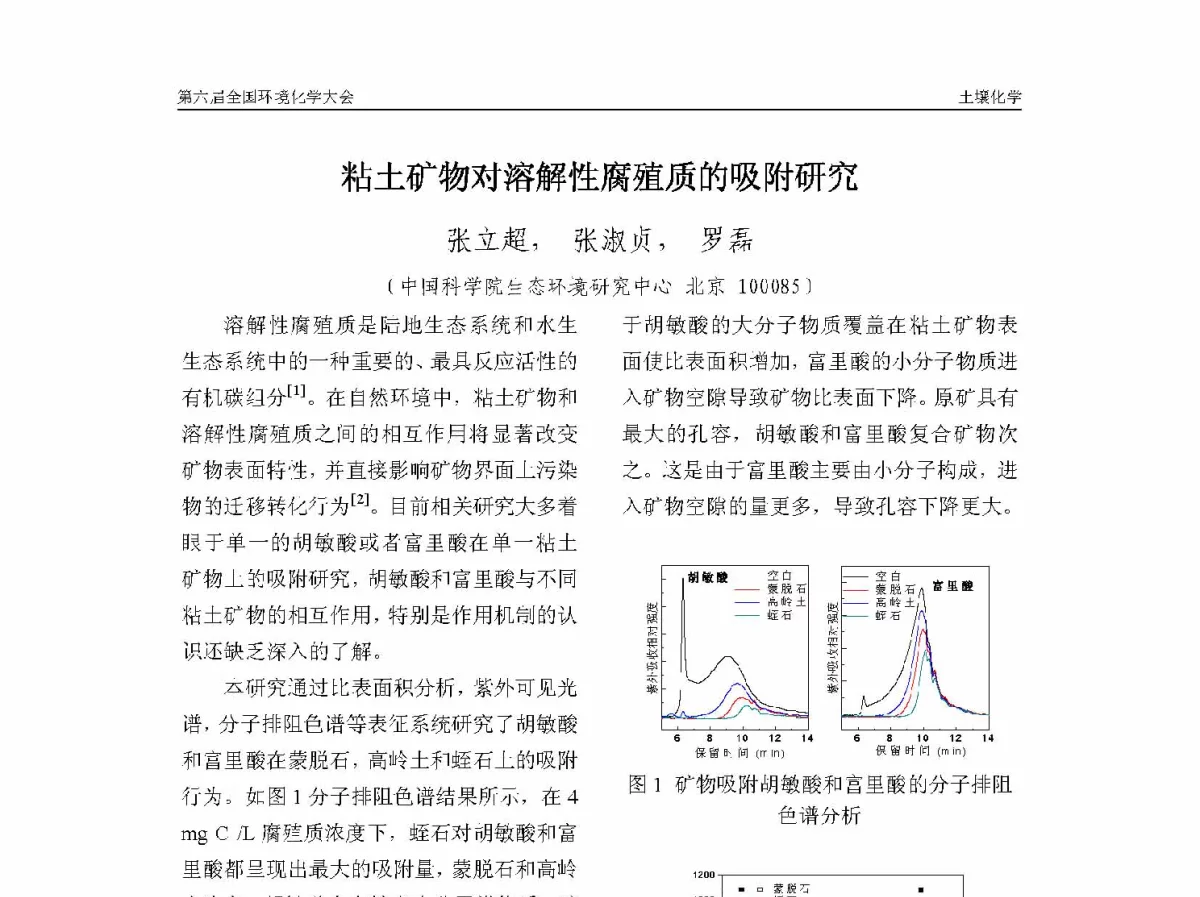 粘土矿物对溶解性腐殖质的吸附研究 - 第六届全国环境化学学术大会