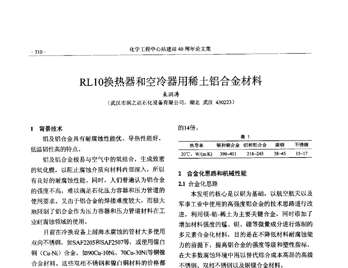 RL10换热器和空冷器用稀土铝合金材料 - 全国化工化学工程设计技术中心站(化学工程设计专业委员会)2012年年会