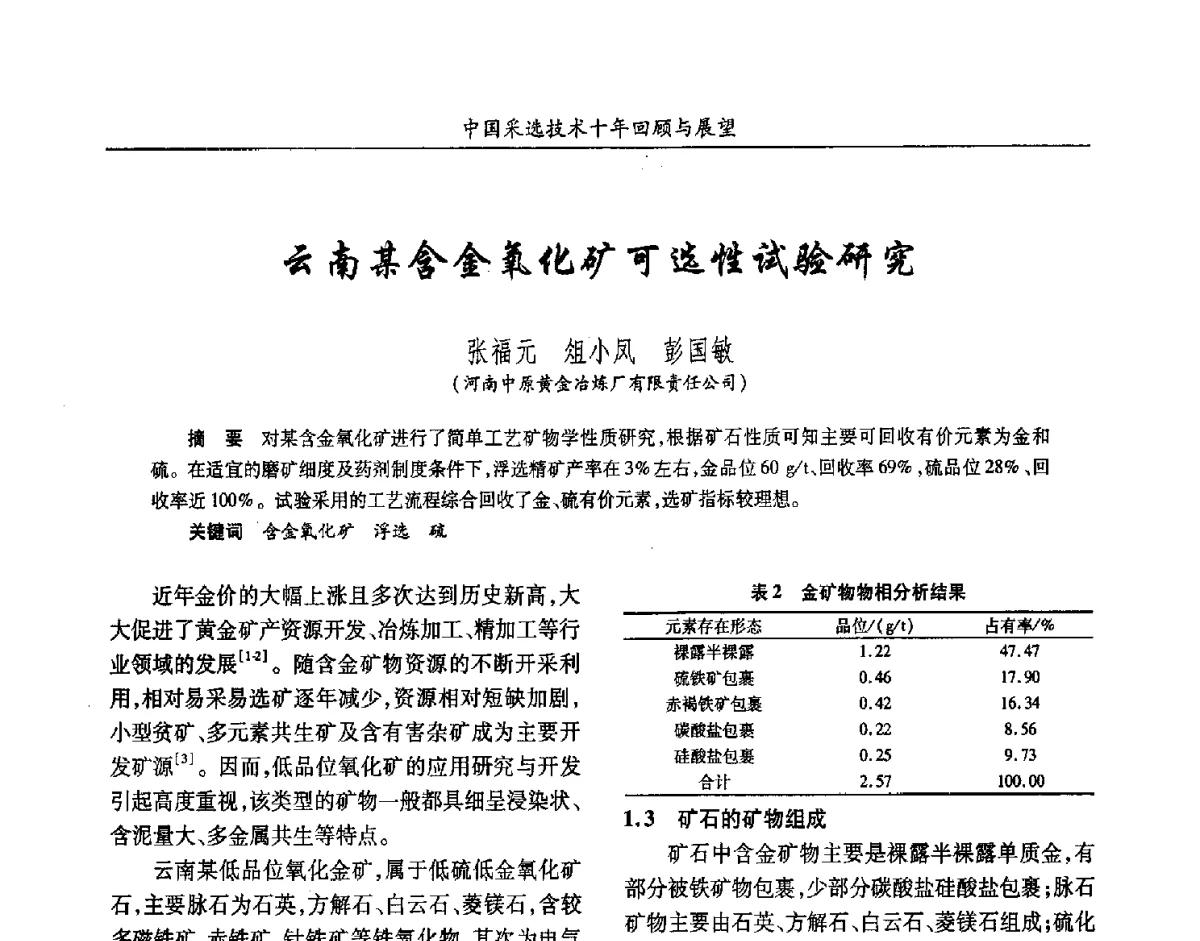 云南某含金氧化矿可选性试验研究 - 2012中国矿业科技大会