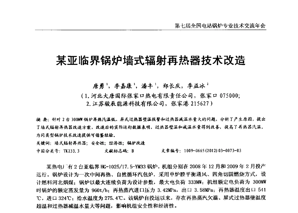 某亚临界锅炉墙式辐射再热器技术改造 - 第七届全国电站锅炉专业技术交流年会