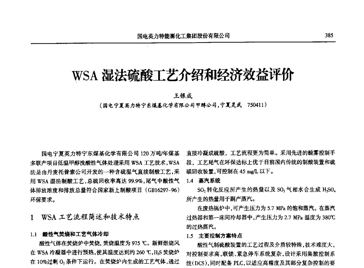 WSA湿法硫酸工艺介绍和经济效益评价 - 第八届宁夏青年科学家论坛石化专题论坛