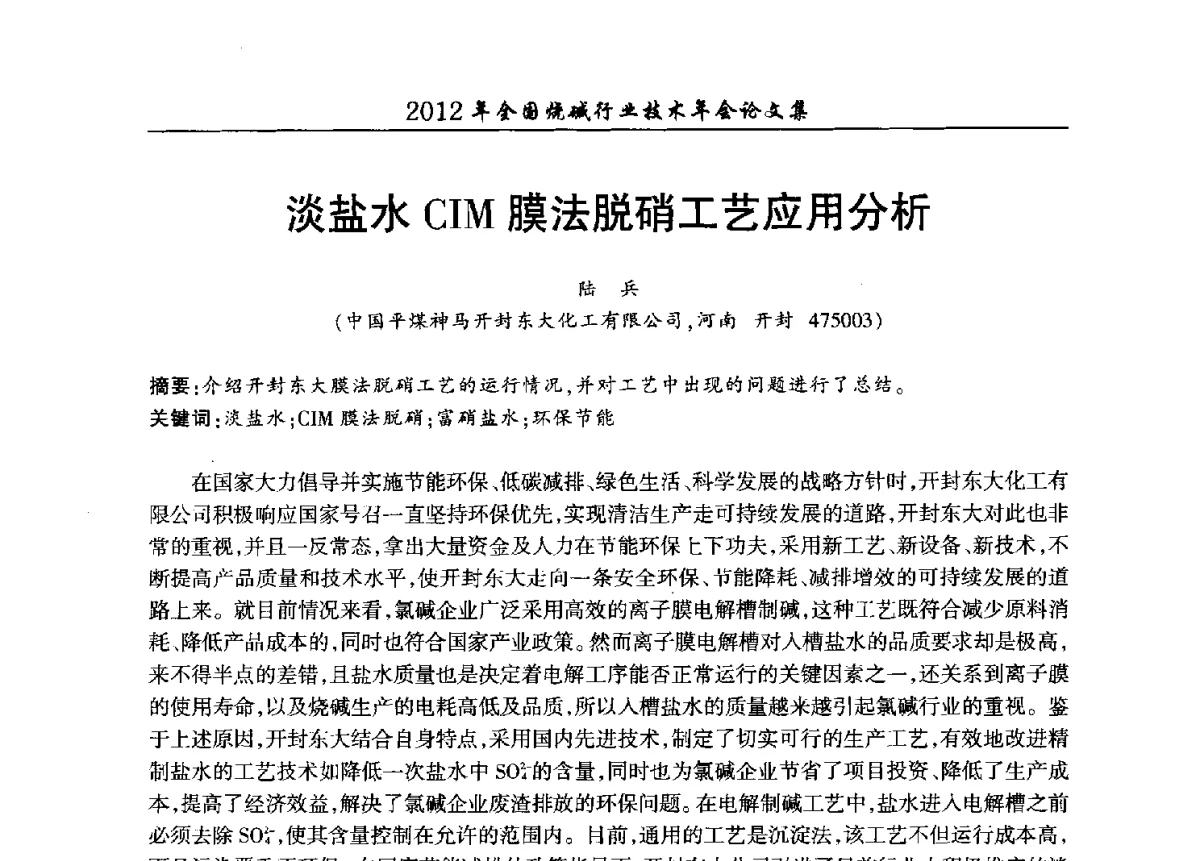 淡盐水CIM膜法脱硝工艺应用分析 - 2012年全国烧碱行业技术年会