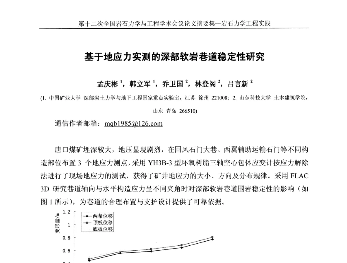 基于地应力实测的深部软岩巷道稳定性研究 - 第十二次全国岩石力学与工程学术大会会议