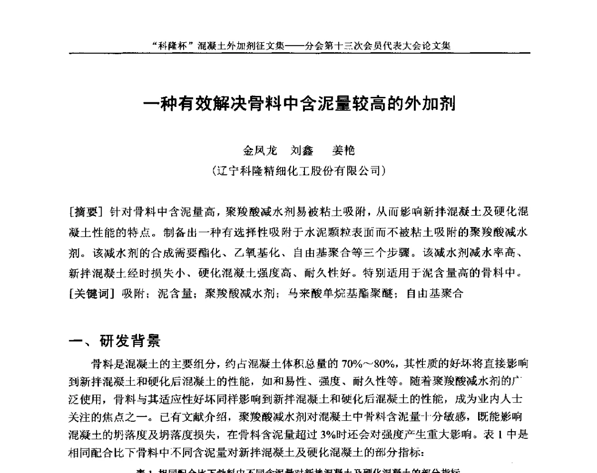 一种有效解决骨料中含泥量较高的外加剂 - 中国建材联合会混凝土外加剂分会第十三次会员代表大会