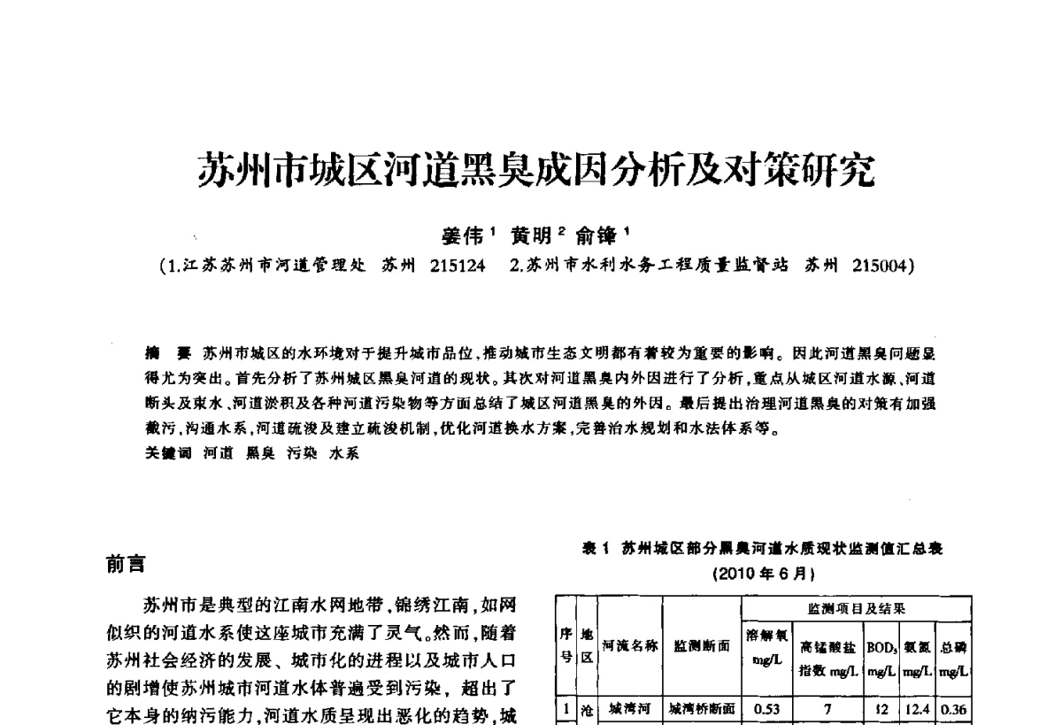 苏州市城区河道黑臭成因分析及对策研究 - 华东七省(市)水利学会第二十五次学术会议