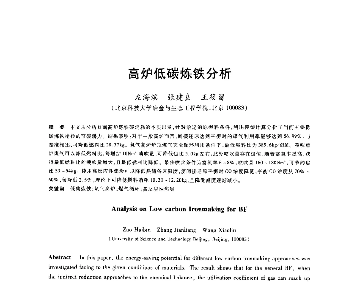 高炉低碳炼铁分析 - 2012年全国炼铁生产技术会议暨炼铁学术年会