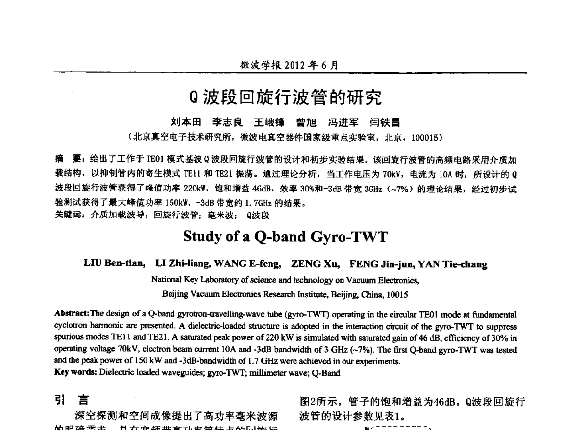 Q波段回旋行波管的研究 - 2012毫米波亚毫米波会议