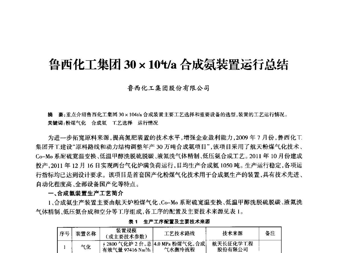 鲁西化工集团30104t_a合成氨装置运行总结 - 全国化工合成氨设计技术中心站2012年技术交流会
