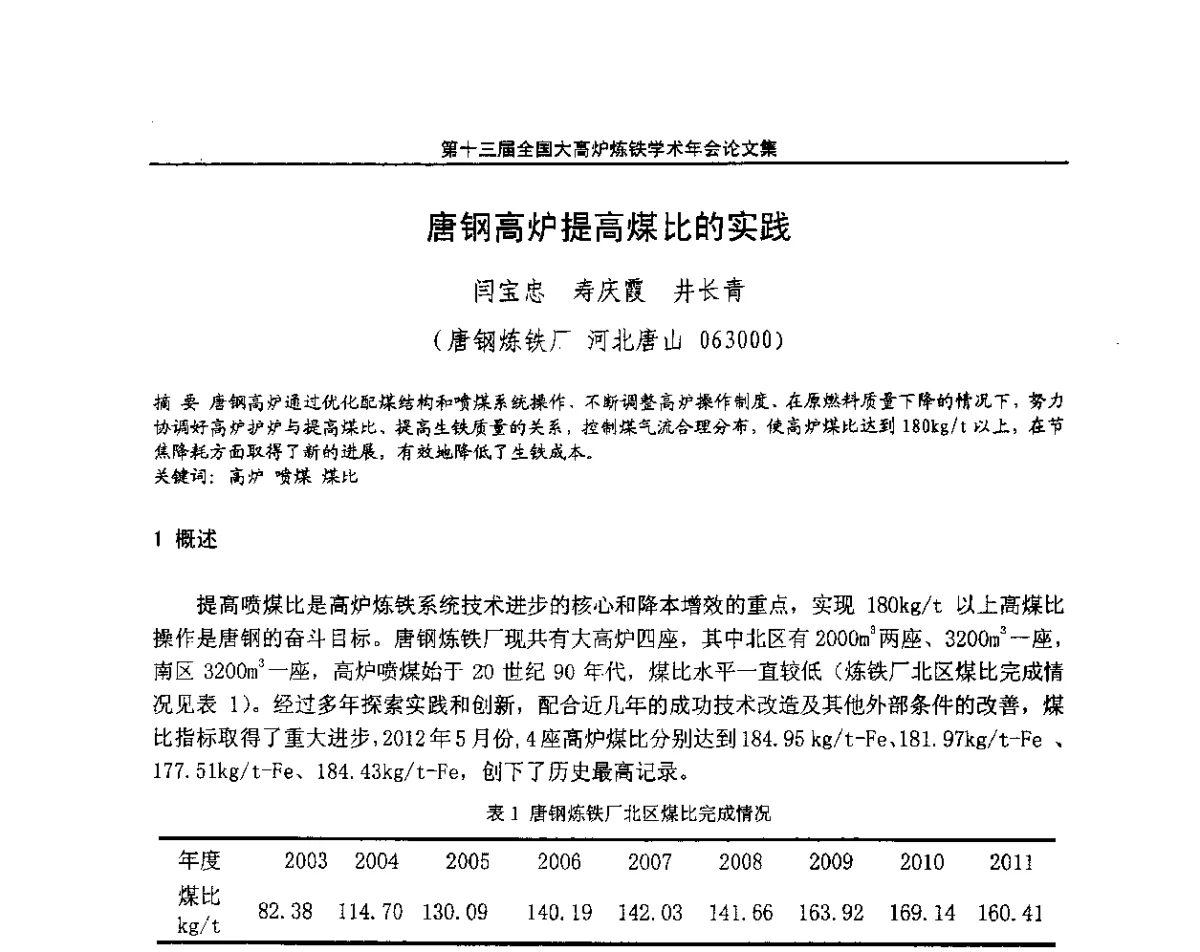 唐钢高炉提高煤比的实践 - 第13届全国大高炉炼铁学术年会