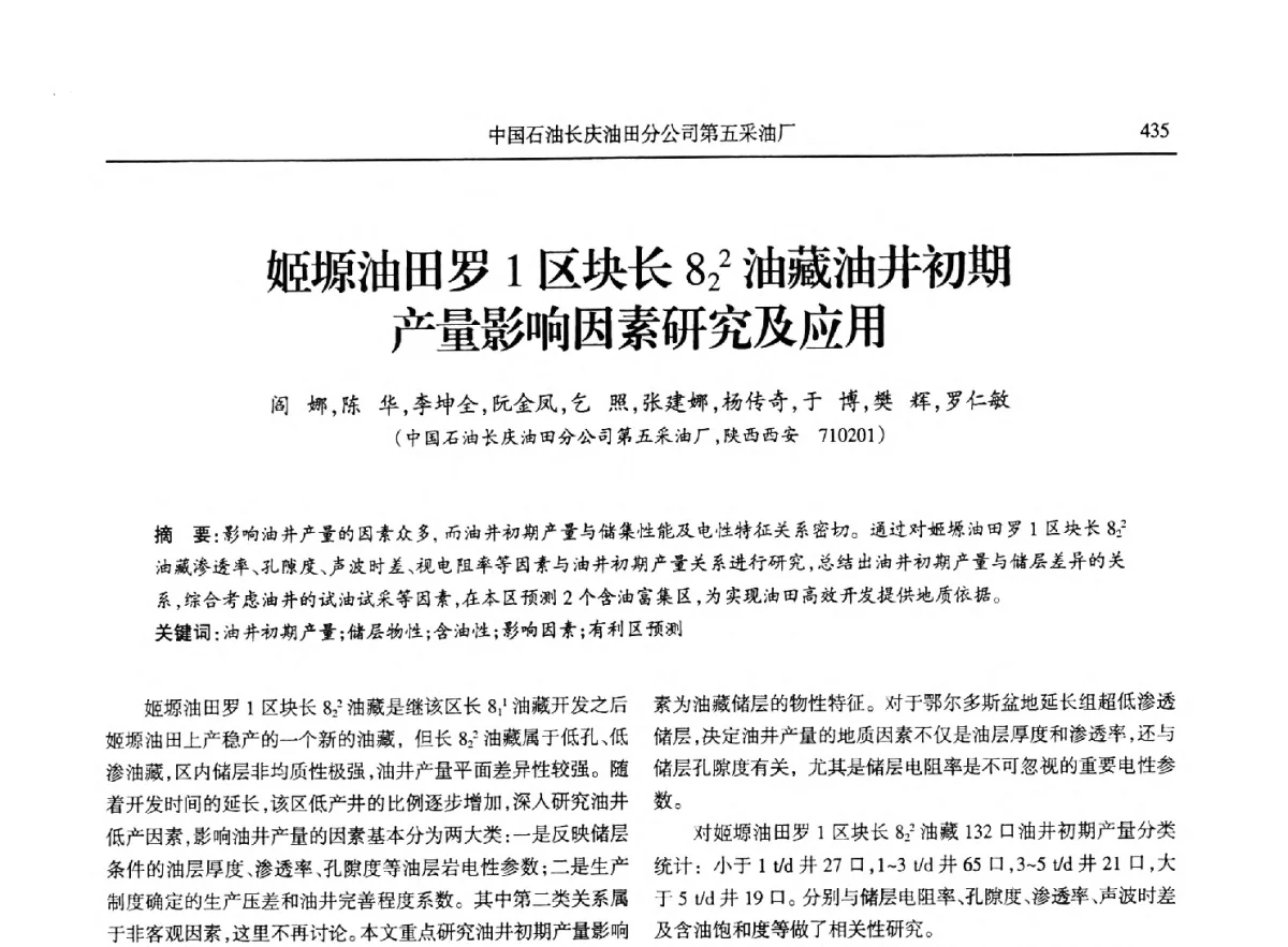 姬塬油田罗1区块长822油藏油井初期产量影响因素研究及应用 - 第八届宁夏青年科学家论坛石化专题论坛