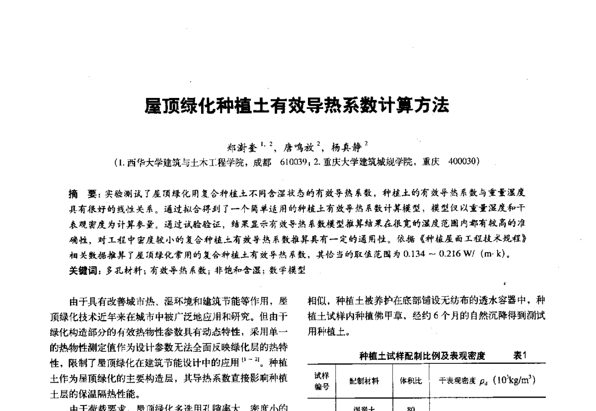 屋顶绿化种植土有效导热系数计算方法 - 第十一届全国建筑物理学术会议