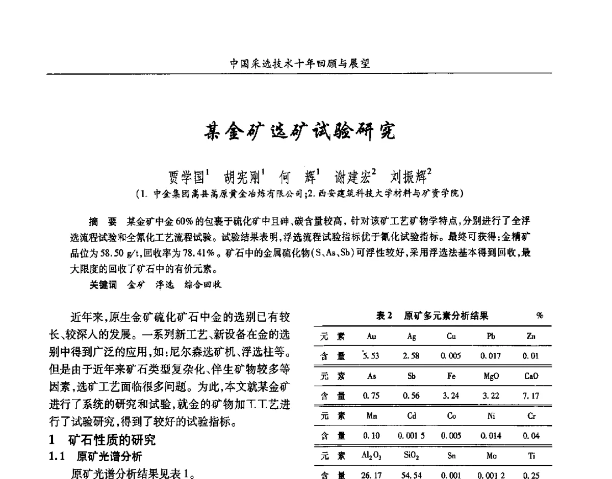 某金矿选矿试验研究 - 2012中国矿业科技大会
