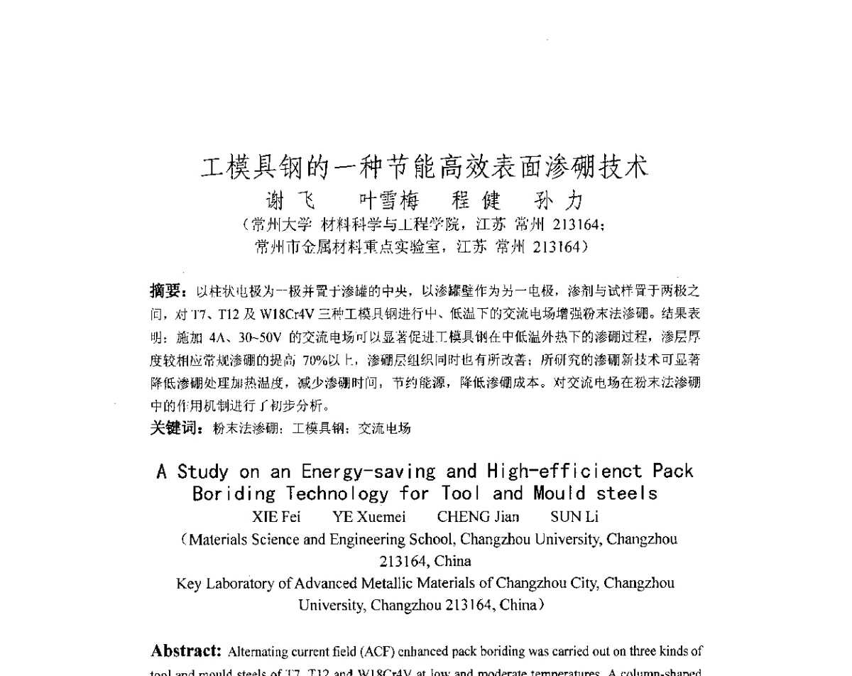 工模具钢的一种节能高效表面渗硼技术 - 第十八届华东六省一市热处理年会