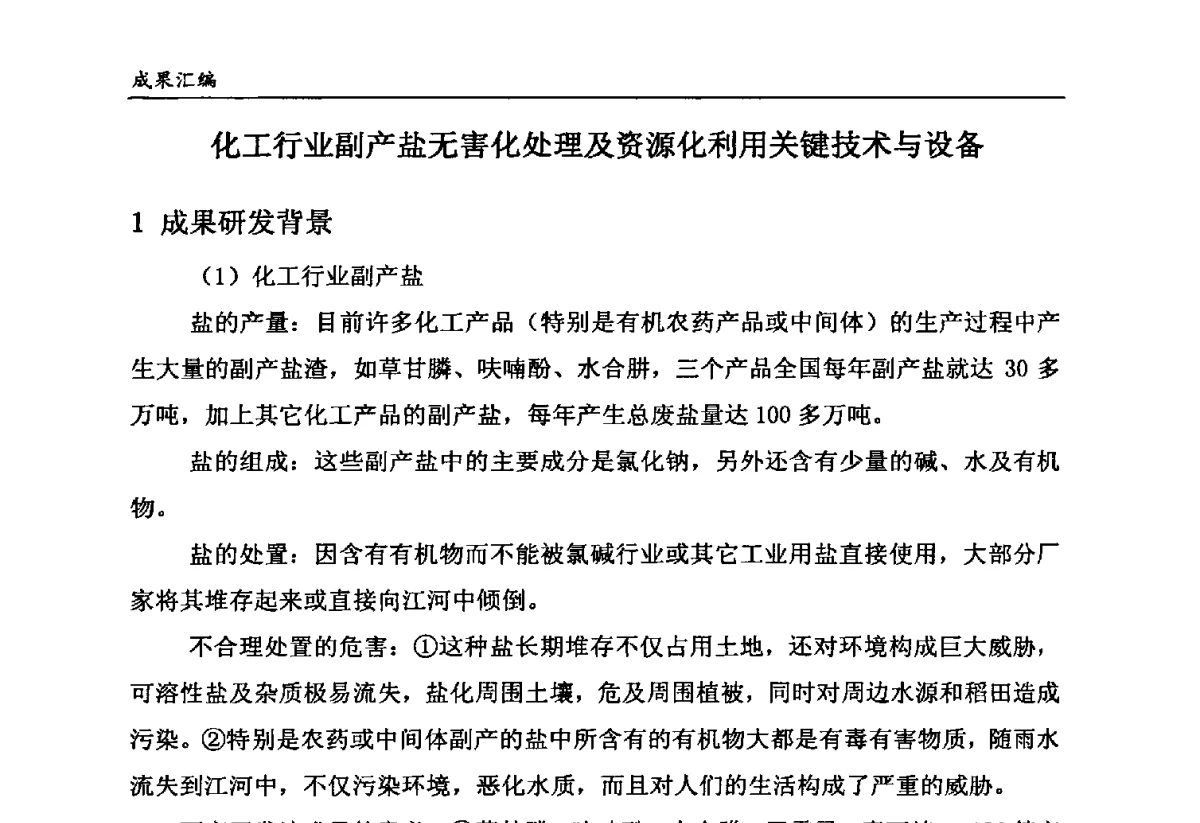 化工行业副产盐无害化处理及资源化利用关键技术与设备 - 第六届全国农药创新技术成果交流会