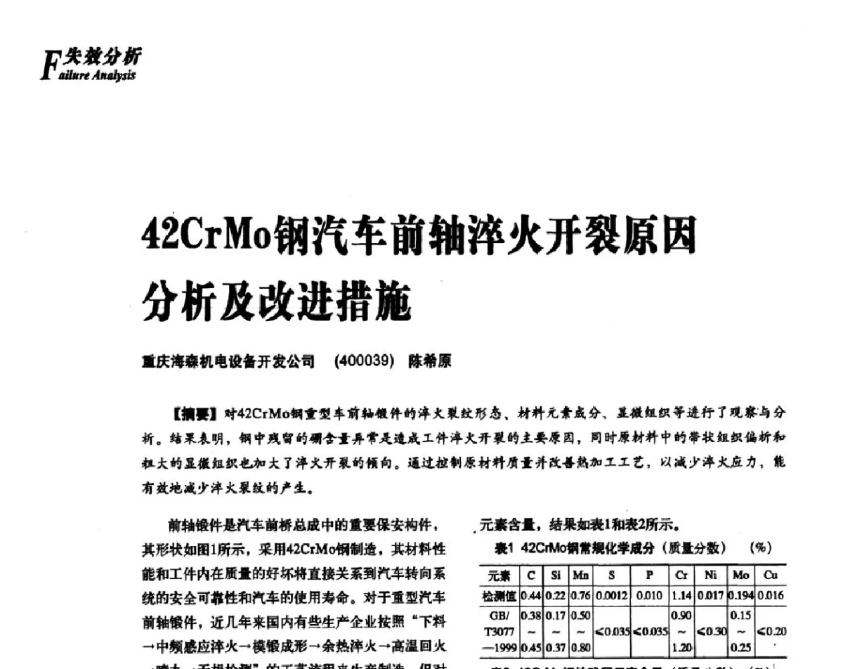 42CrMo钢汽车前轴淬火开裂原因分析及改进措施 - 2012年先进节能热处理技术与装备研讨会