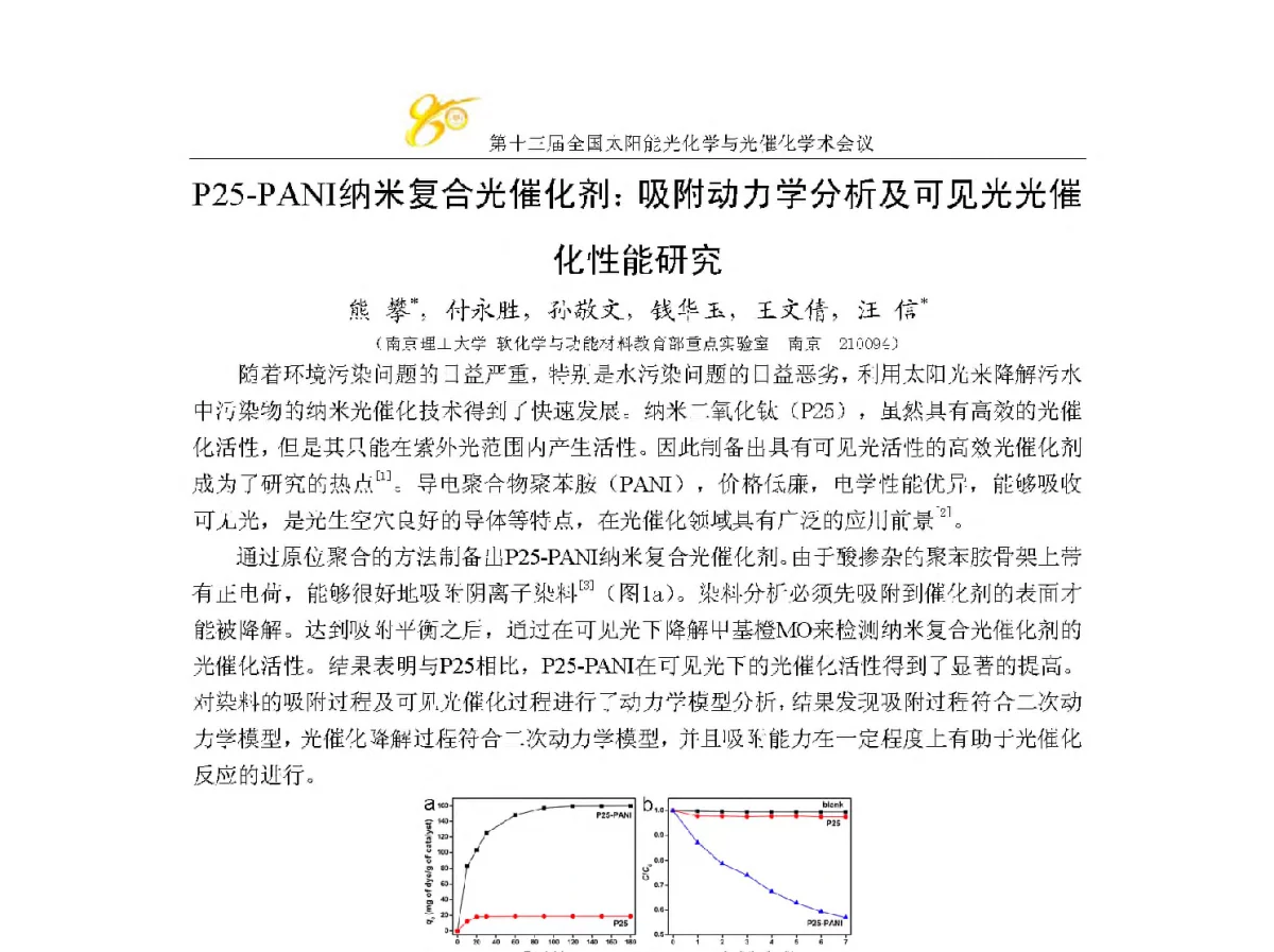 P25-PANI纳米复合光催化剂_吸附动力学分析及可见光光催化性能研究 - 第十三届全国太阳能光化学与光催化学术会议