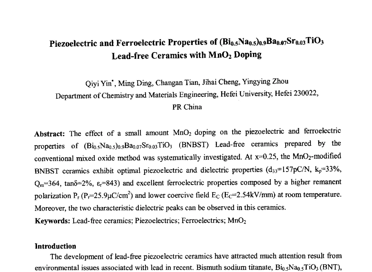 Piezoelectric and Ferroelectric Properties of (Bi0.5Na0.5)0.9Ba0.07Sr0.03TiO3 Lead-free Ceramics with MnO2 Doping - 2012中国国际粉体技术与应用论坛暨全国粉体技术产品商贸交流会