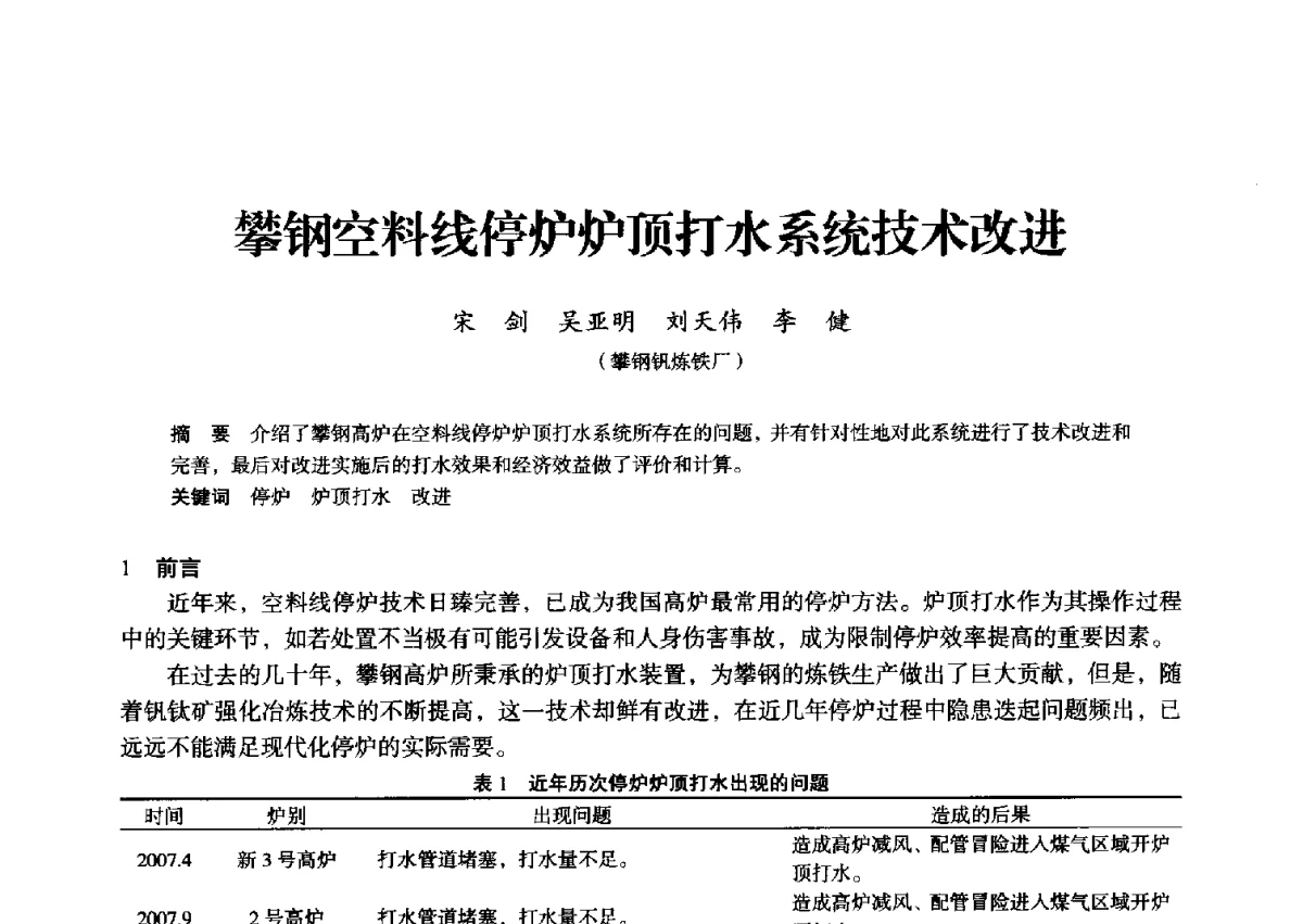 攀钢空料线停炉炉顶打水系统技术改进 - 2012年全国中小高炉炼铁学术年会