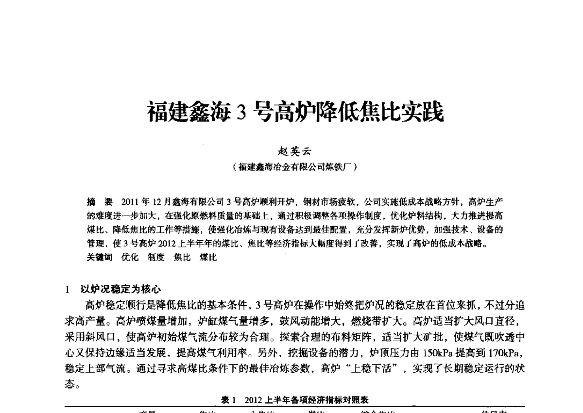 福建鑫海3号高炉降低焦比实践 - 2012年全国中小高炉炼铁学术年会