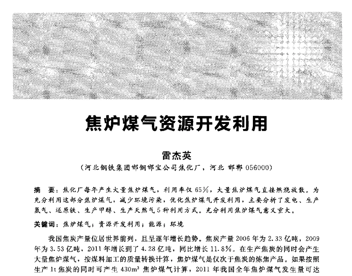 焦炉煤气资源开发利用 - 2012冀苏鲁皖赣五省金属(冶金)学会第十六届焦化学术年会
