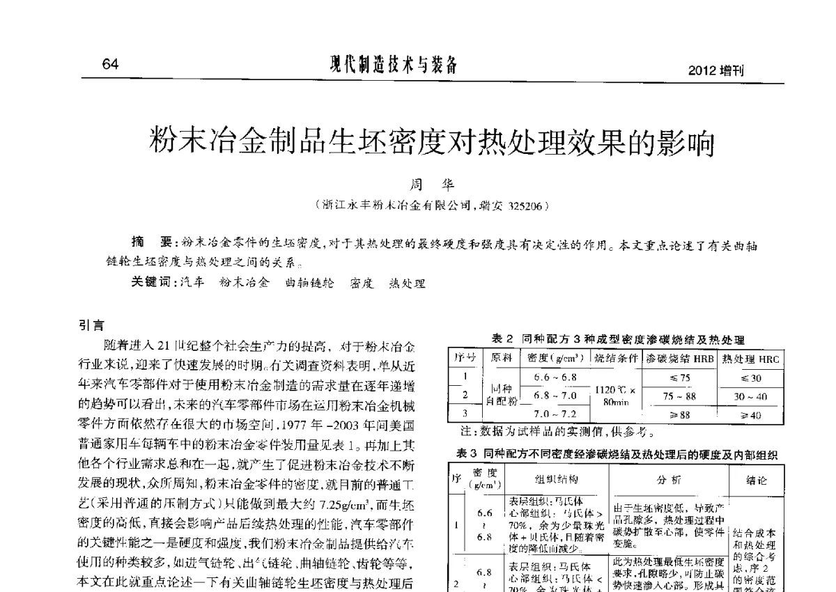 粉末冶金制品生坯密度对热处理效果的影响 - 2012中国济南第十四届华东五省一市粉末冶金技术交流会