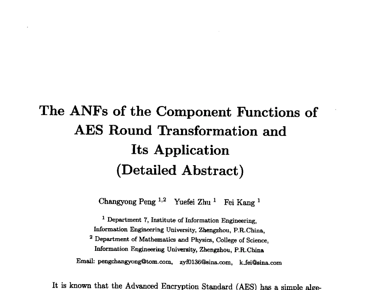 The ANFs of the Component Functions of AES Round Transformation and Its Application - 中国密码学会2011年会